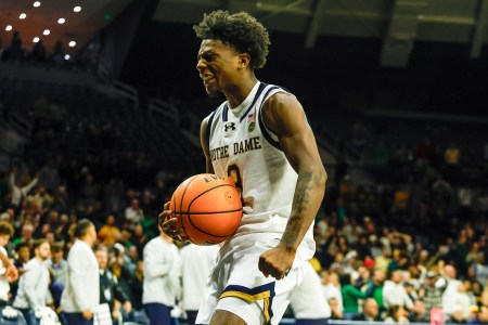Notre Dame guard Markus Burton reacts positively to a big play in a 2025 game against Missouri