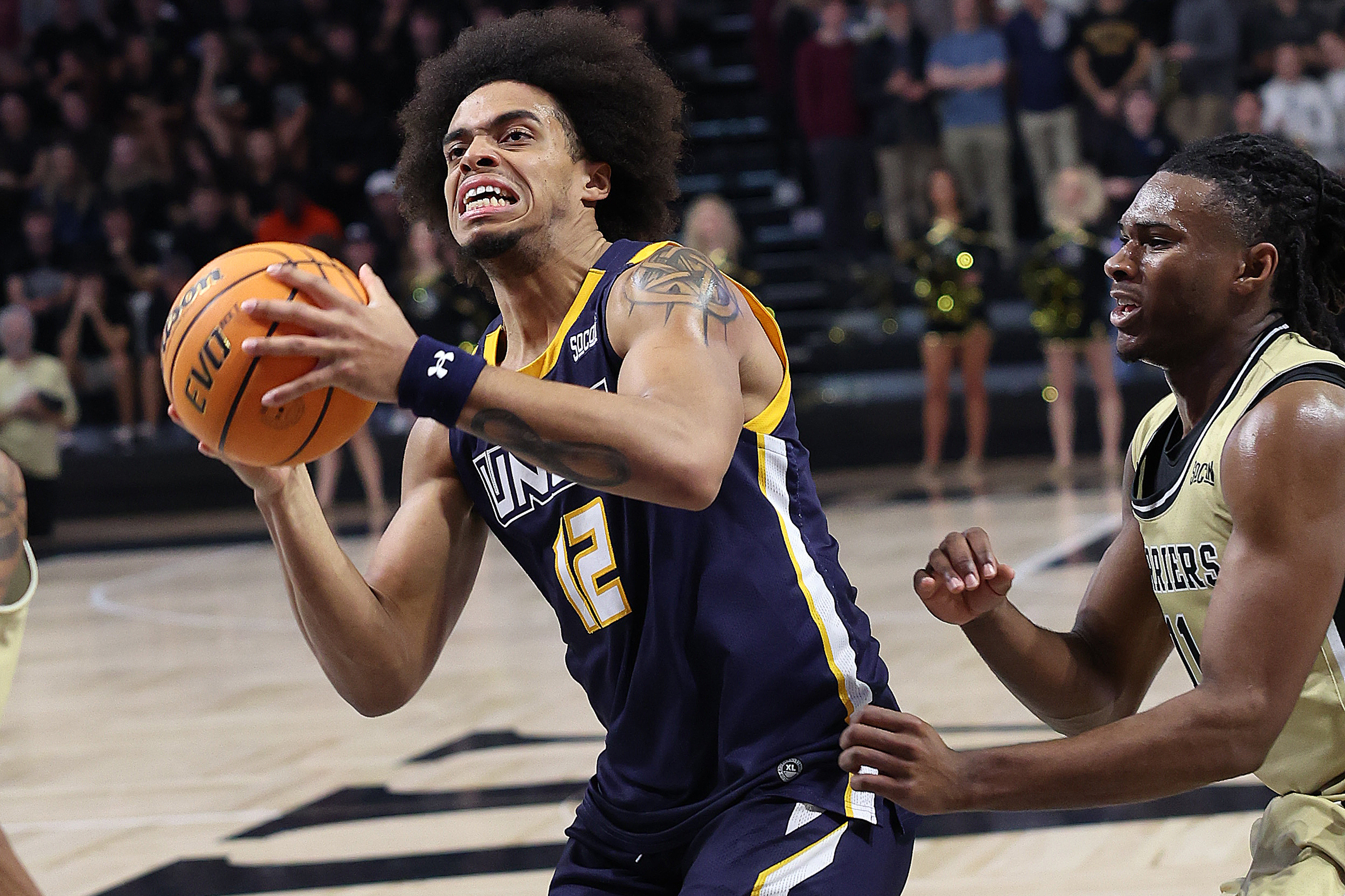 UNC Greensboro's Justin Neely prepares to go up for a shot in a 2026 game against Wofford