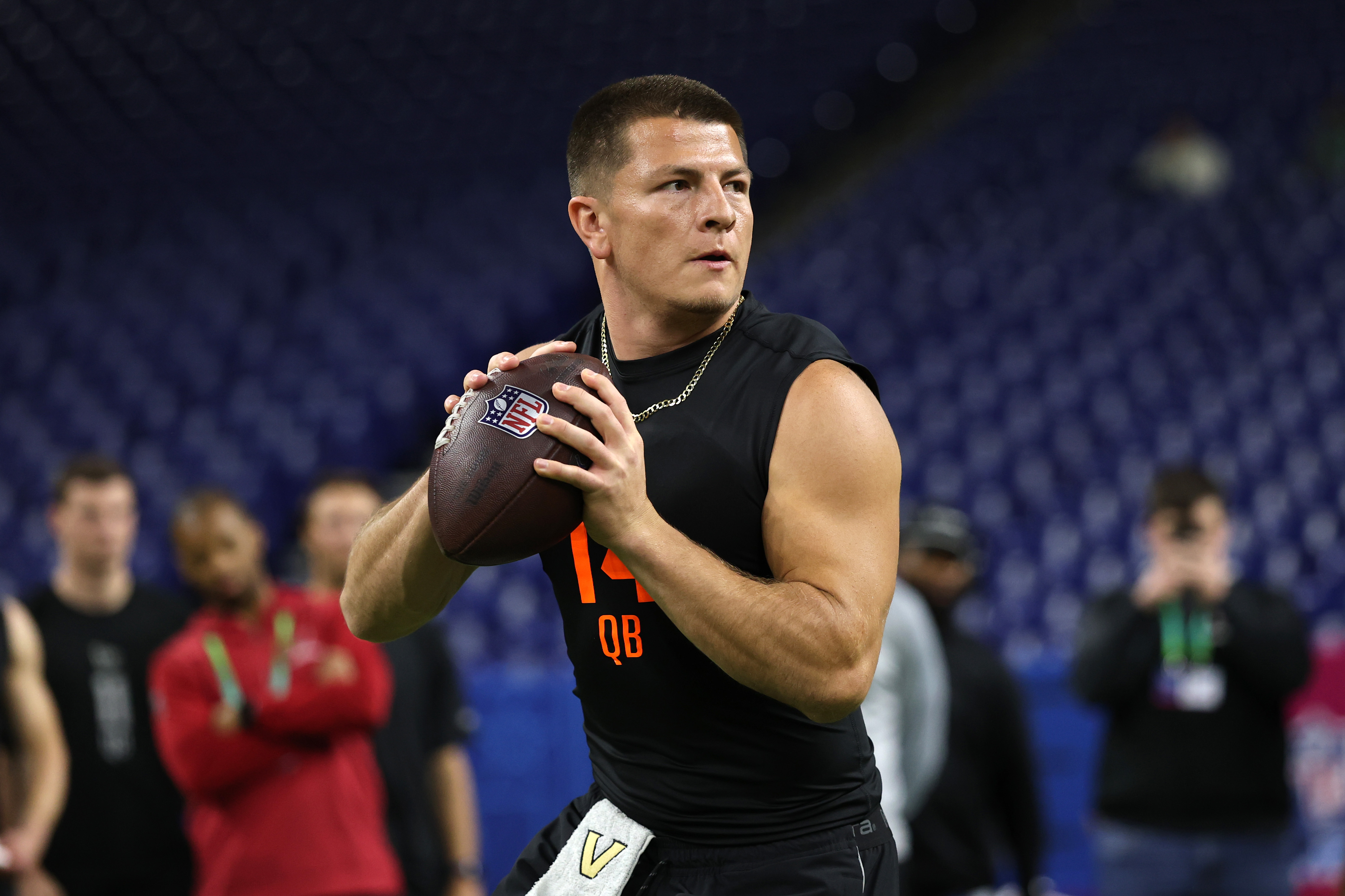 Former Vanderbilt quarterback Diego Pavia dropping back to throw a pass during the 2026 NFL Combine