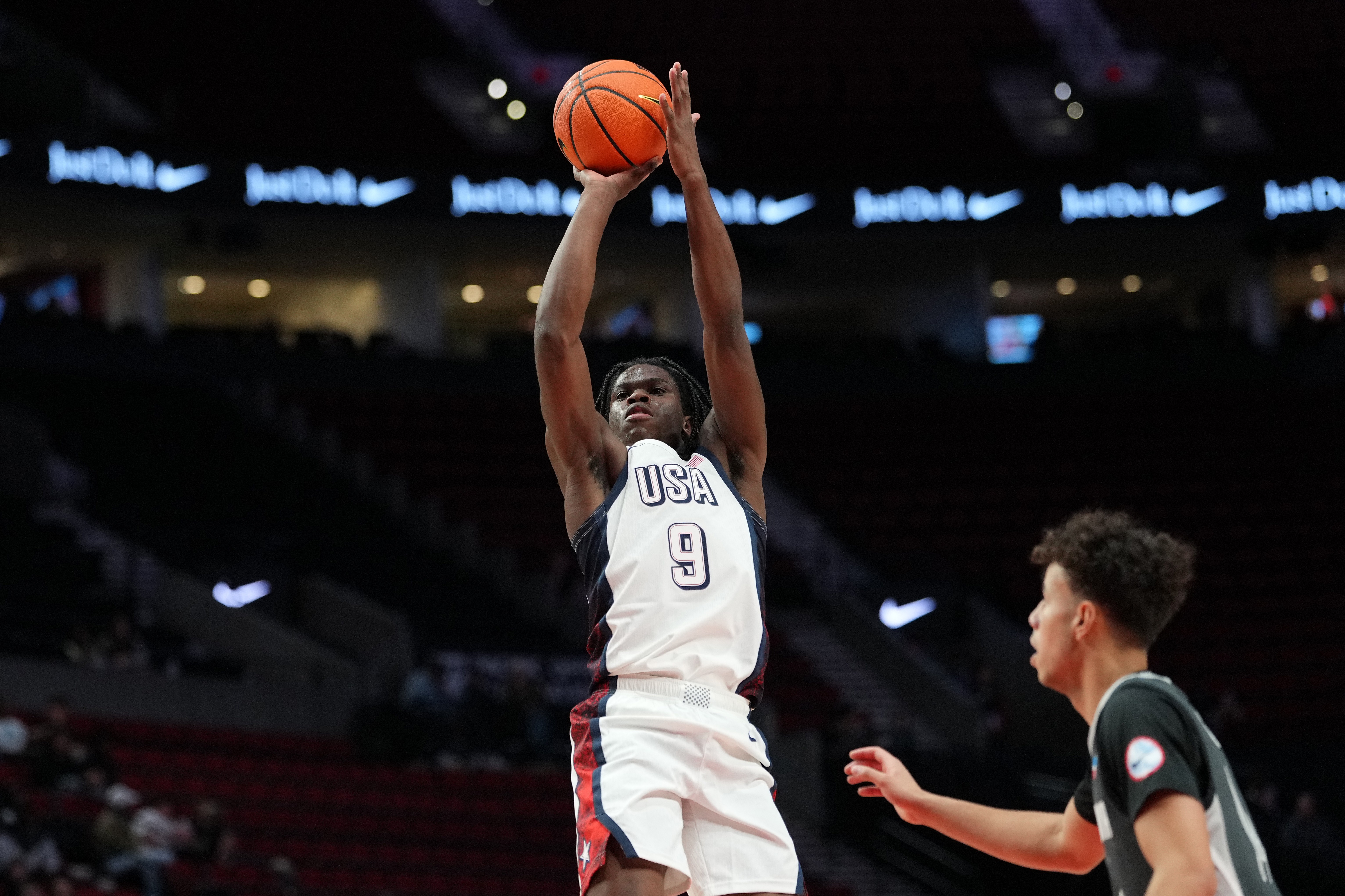 Jordan Smith Jr., playing for Team USA, rises up for a jump shot against Team World at the 2026 Nike Hoop Summit
