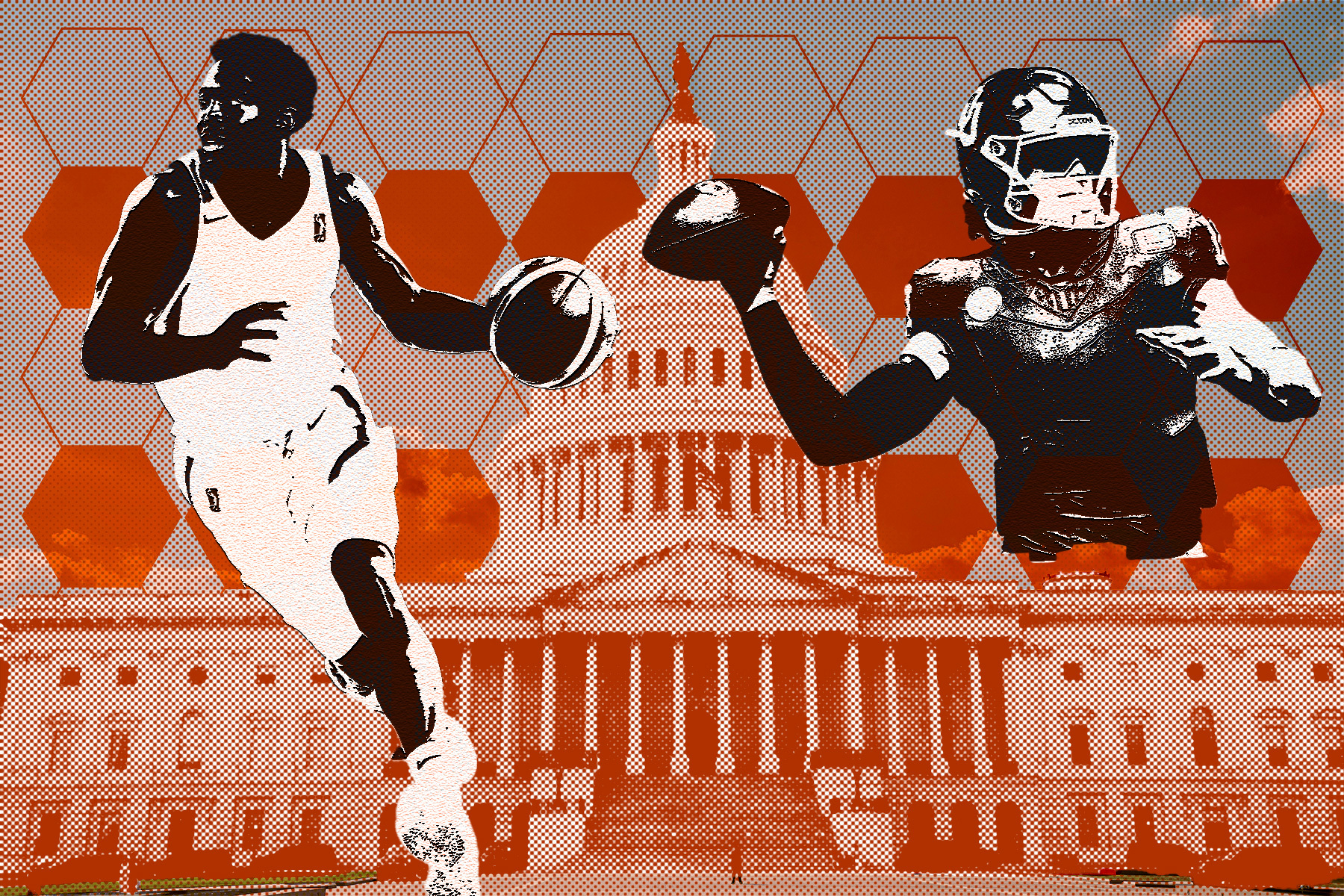 A collage image of the US Capitol building flanked by nondescript college athletes