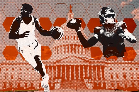 A collage image of the US Capitol building flanked by nondescript college athletes
