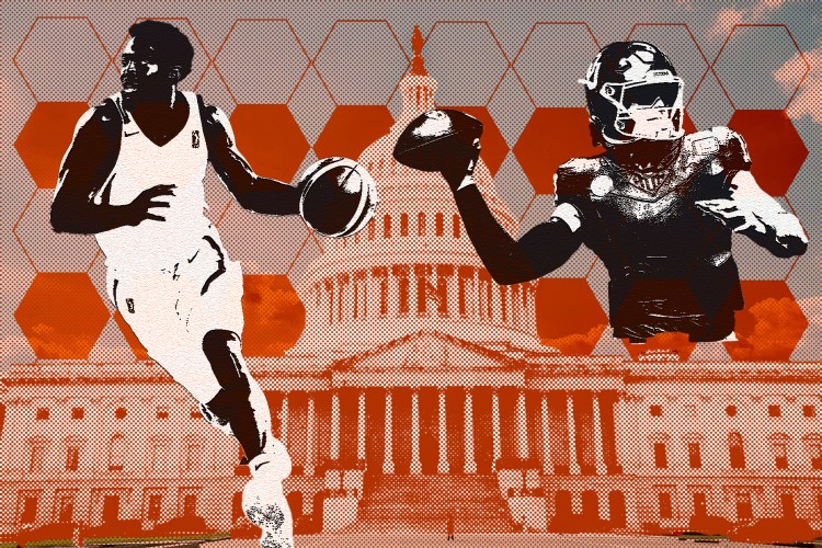 A collage image of the US Capitol building flanked by nondescript college athletes