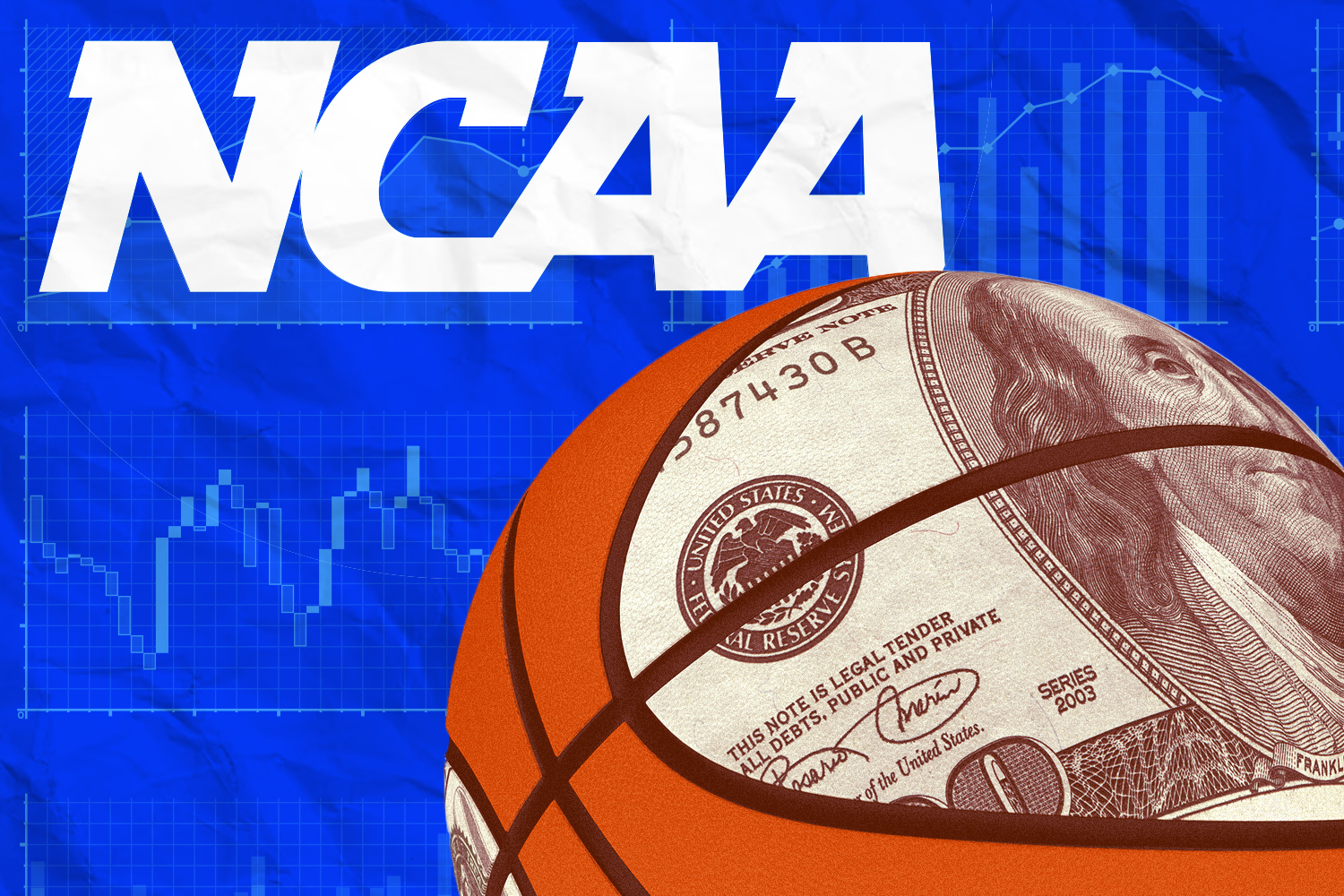 Graphic of a hundred dollar bill layered over a basketball