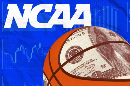 Graphic of a hundred dollar bill layered over a basketball