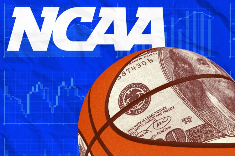 Graphic of a hundred dollar bill layered over a basketball