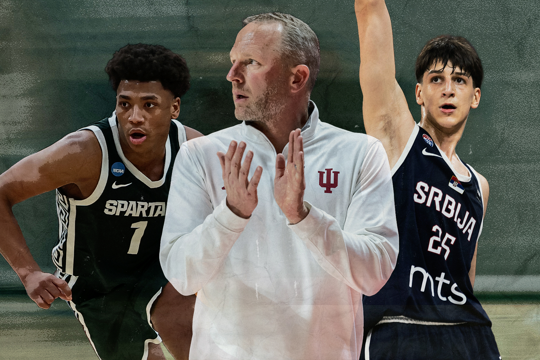 A collage featuring Michigan State's Jeremy Fears, Indiana's Darian DeVries and UCLA's Nikola Kusturica