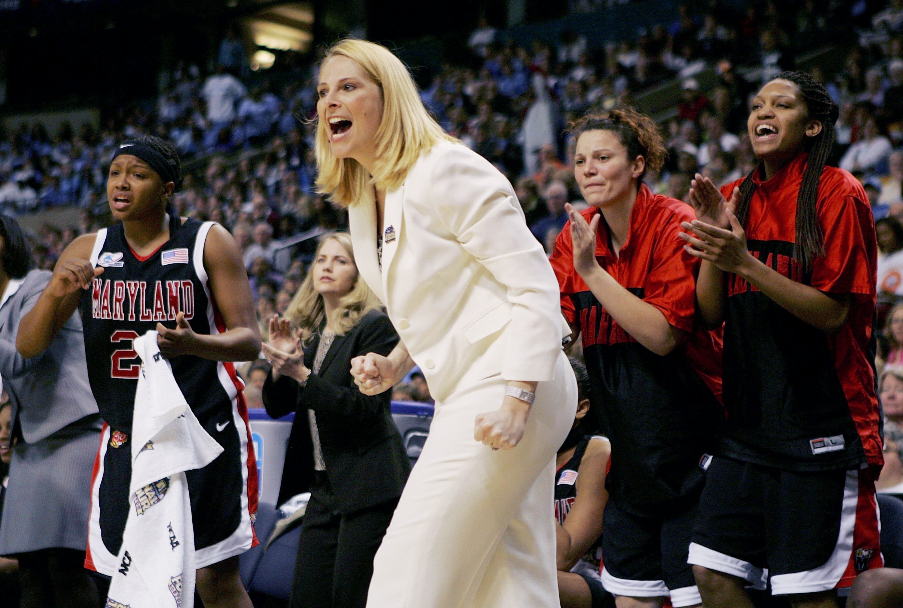 Brenda Frese celebrates during a 2006 NCAA Tournament semifinal match against North Carolina