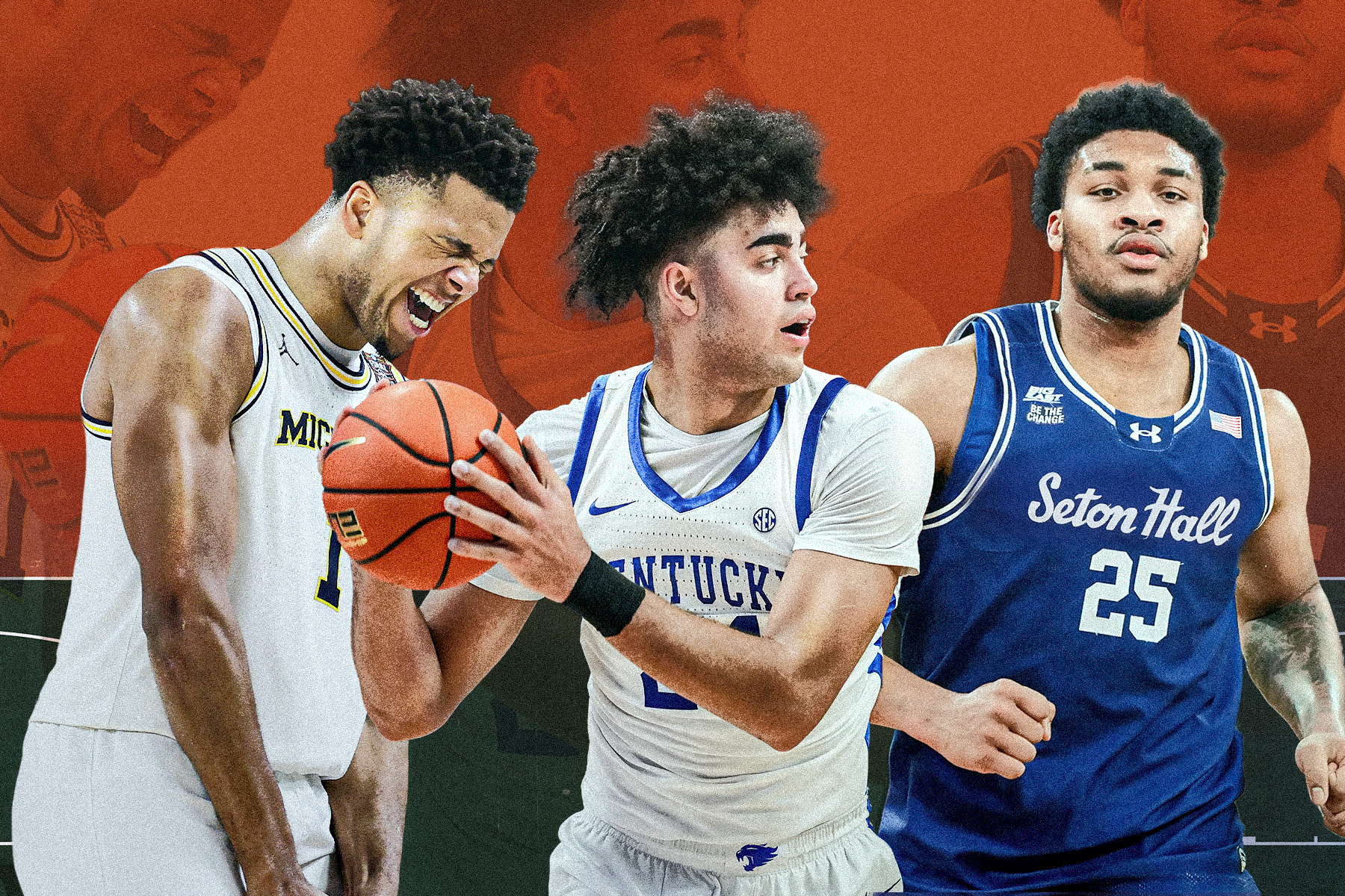 A collage featuring Michigan's Trey McKenney, Kentucky's Malachi Moreno and UConn's Najai Hines