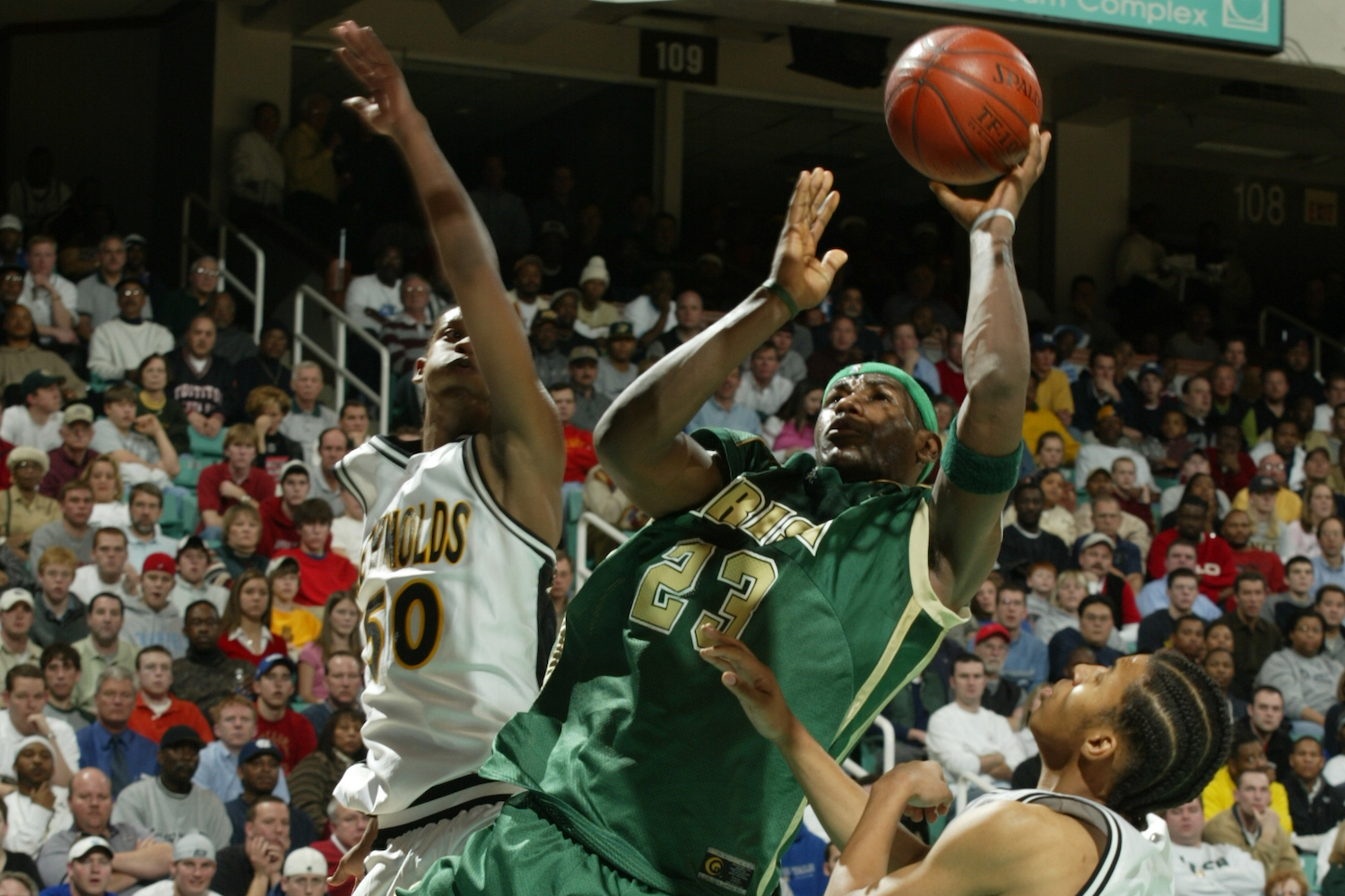 LeBron James shoots the ball against R.J. Reynolds High School on January 15, 2003
