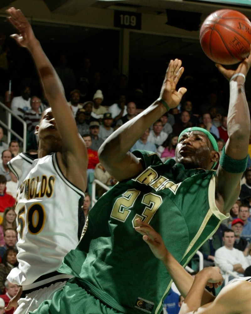 LeBron James shoots the ball against R.J. Reynolds High School on January 15, 2003