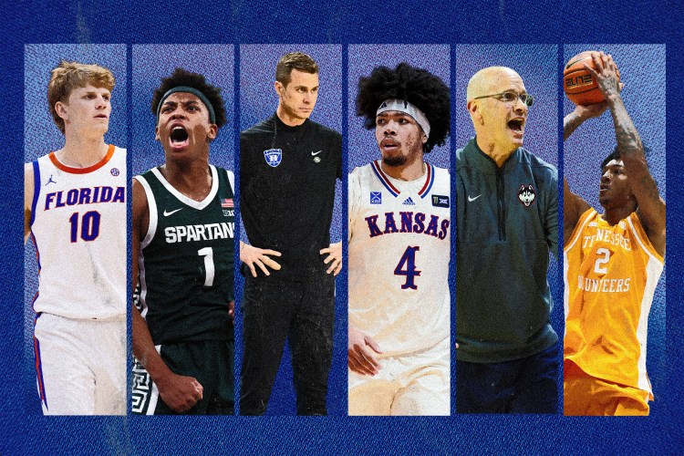 A collage featuring Florida's Thomas Haugh, Jeremy Fears Jr. of Michigan State, Duke head coach Jon Scheyer, Kansas freshman Tyran Stokes, UConn head coach Dan Hurley and Tennessee's Juke Harris