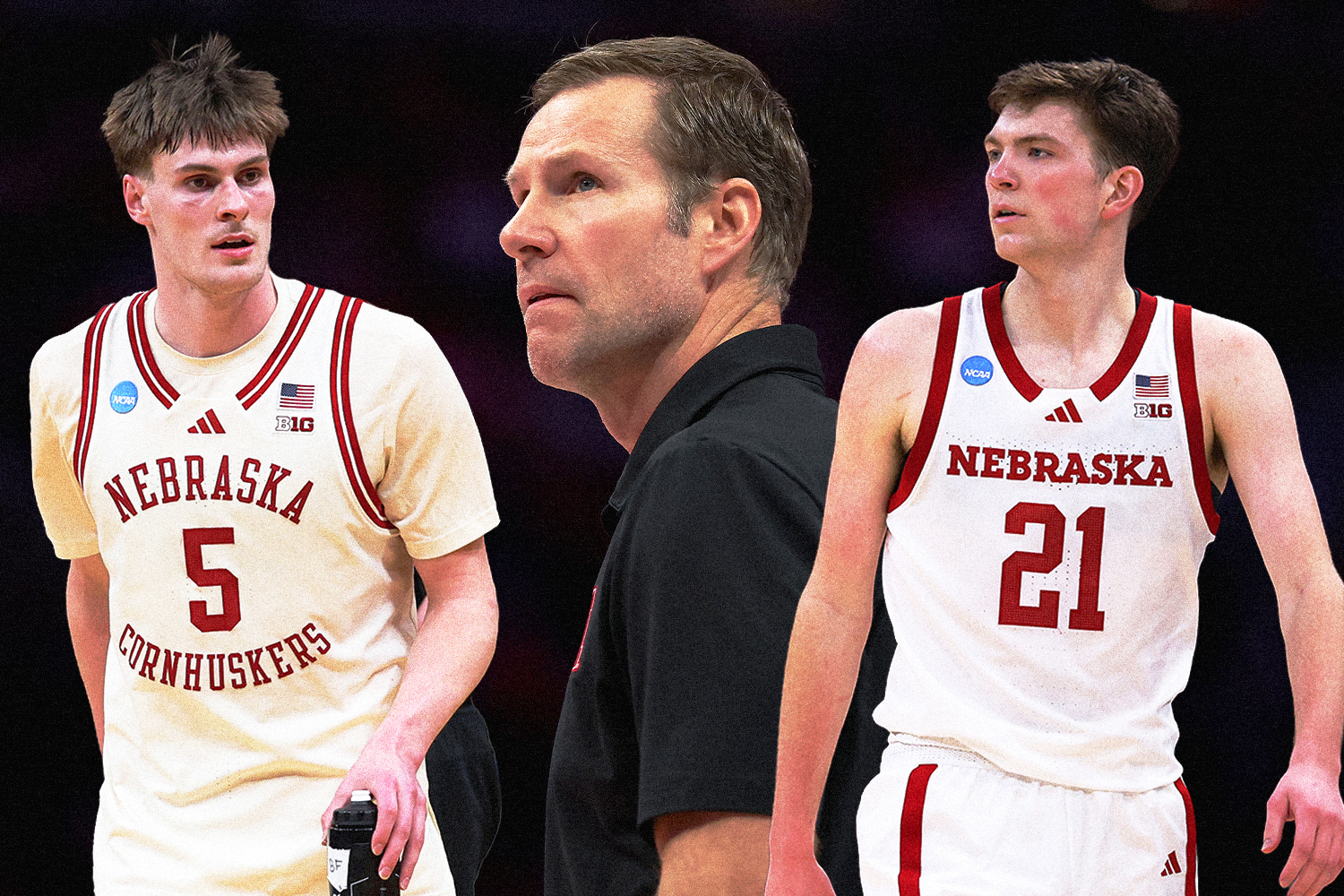 A collage featuring Nebraska players Braden Frager (left) and Pryce Sandfort (right) with head coach Fred Hoiberg in the middle