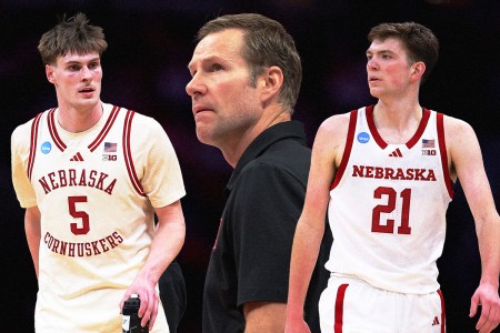 A collage featuring Nebraska players Braden Frager (left) and Pryce Sandfort (right) with head coach Fred Hoiberg in the middle