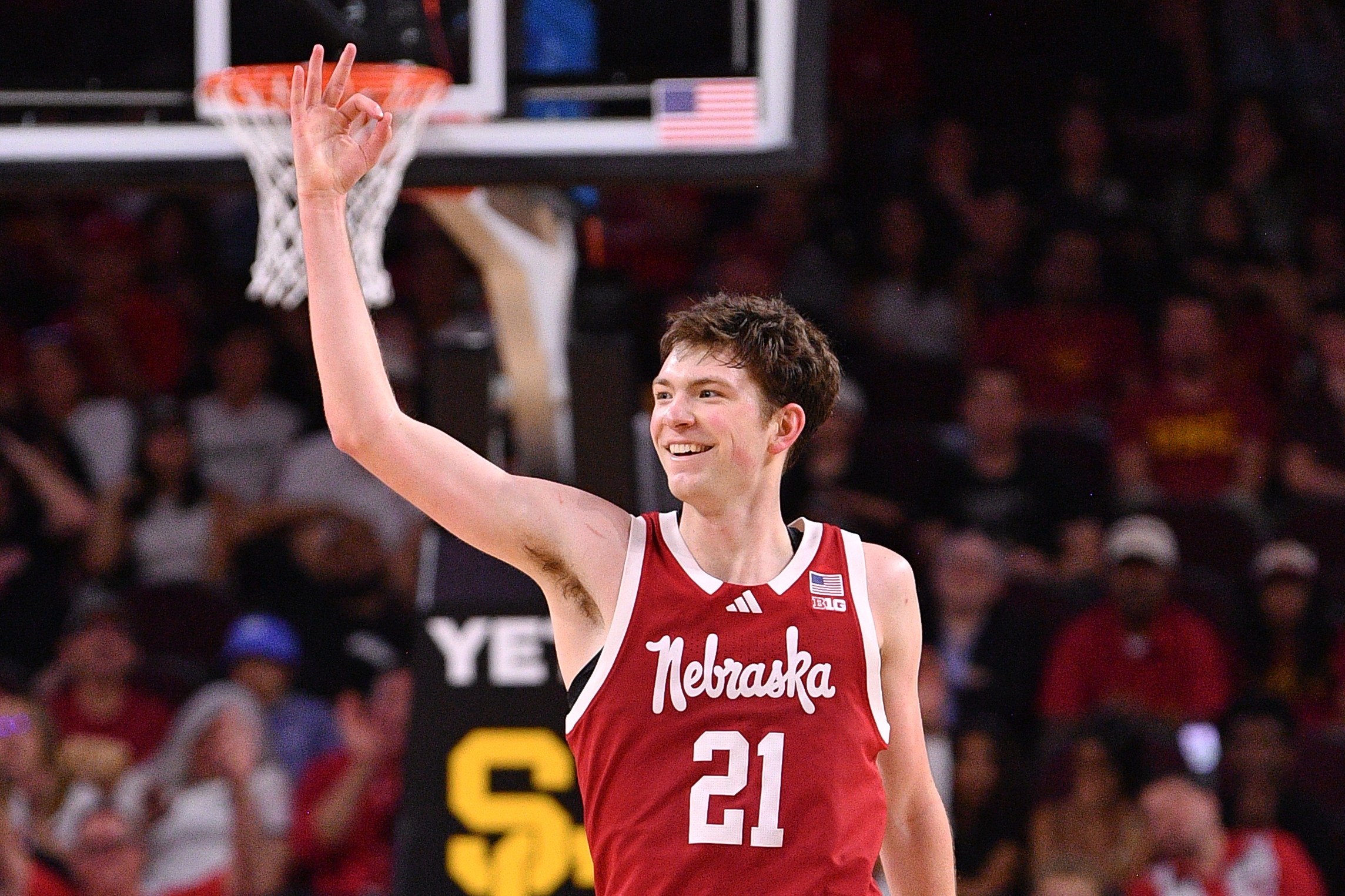 Nebraska's Pryce Sandfort celebrates after hitting a three-pointer