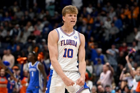 Florida Gators forward Thomas Haugh celebrates a basket