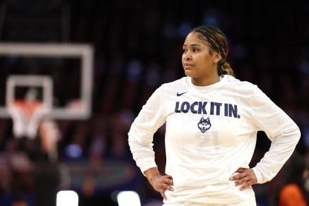 UConn's Sarah Strong looks on during pregame warm-ups