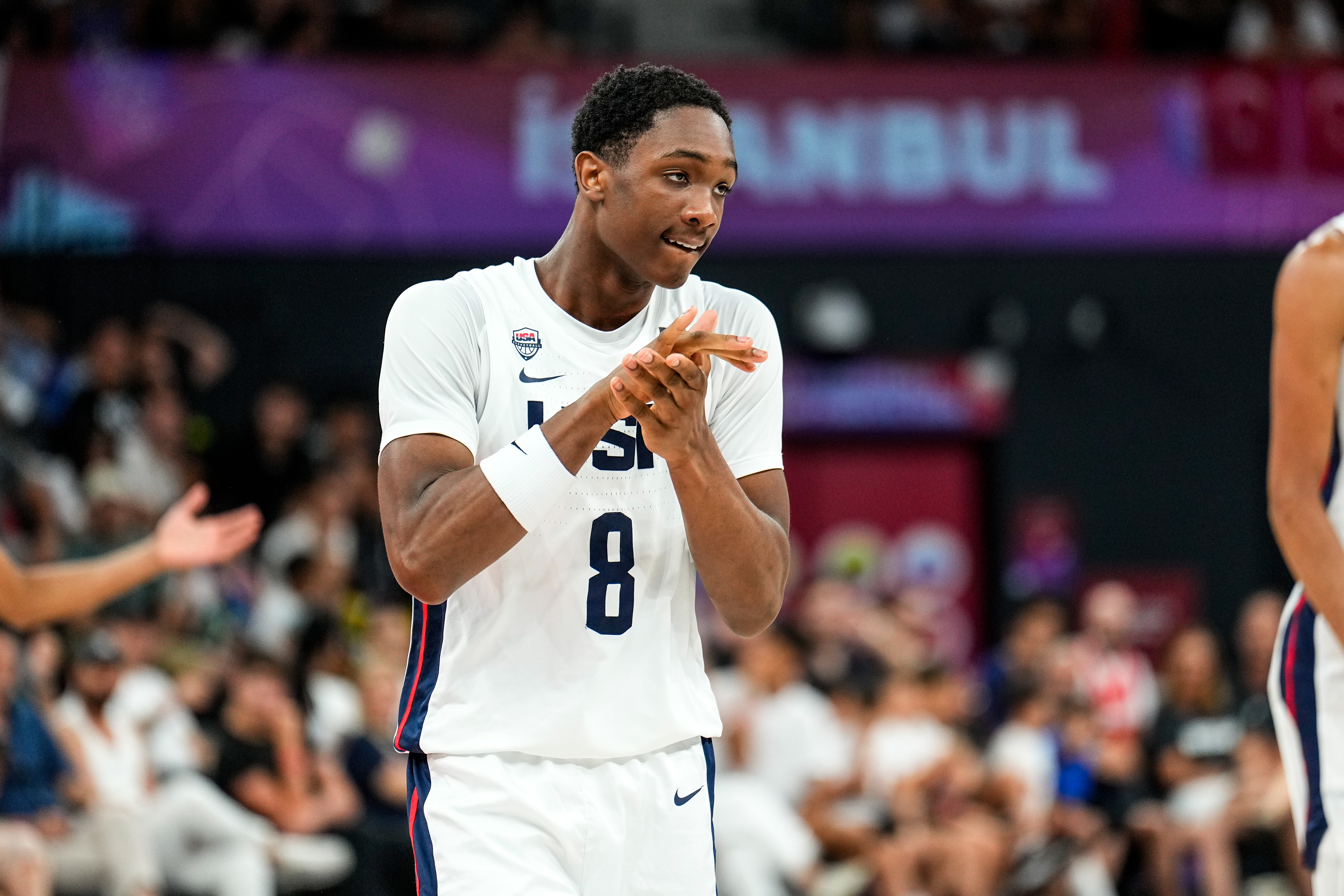 Jordan Page reacts positively to a play while competing for Team USA at the 2026 FIBA U17 Basketball World Cup