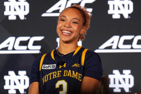 Notre Dame's Hannah Hidalgo flashing a smile while fielding questions at the 2026 ACC media day