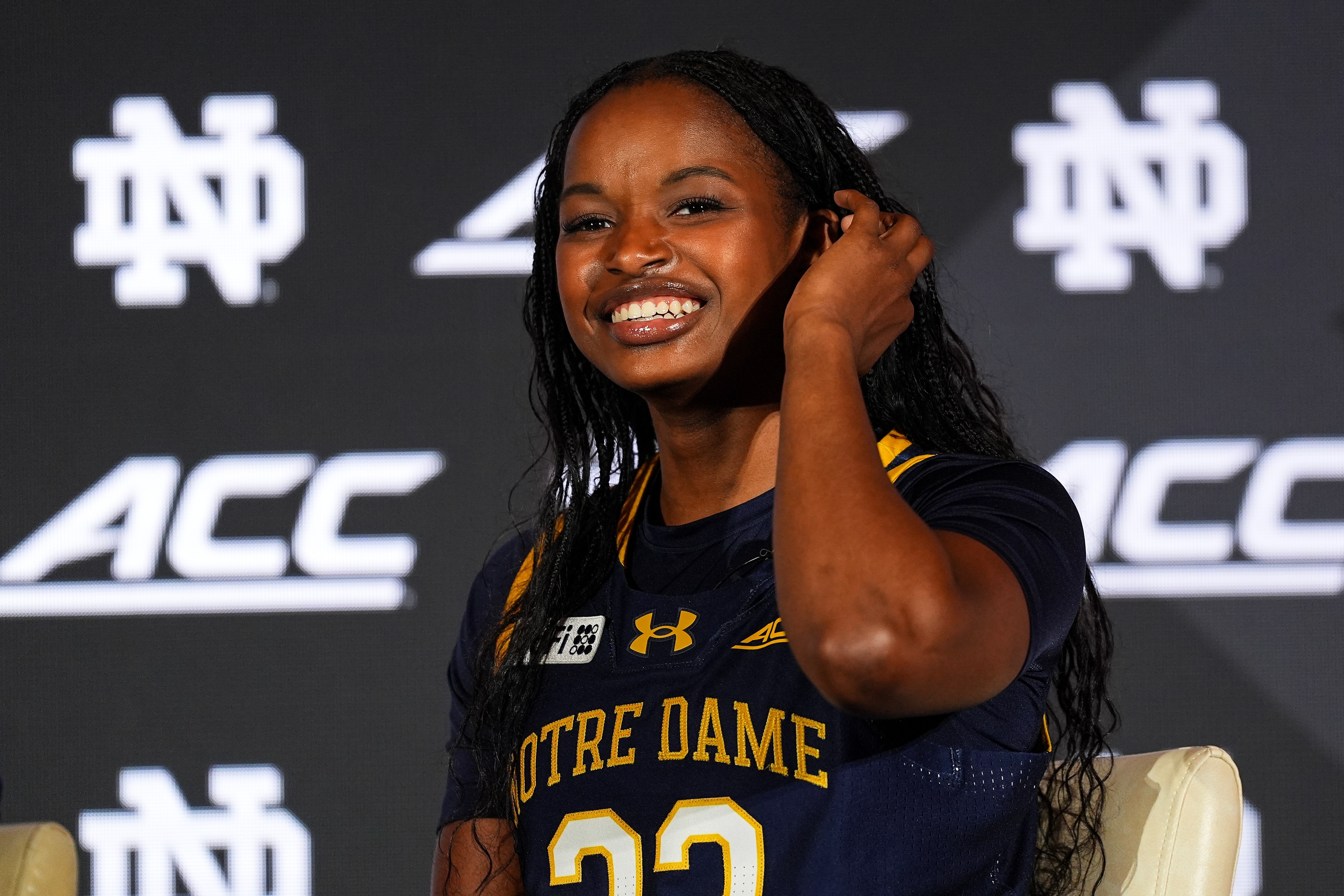 Madison St. Rose flashes a smile during press availability at the 2026 ACC media day
