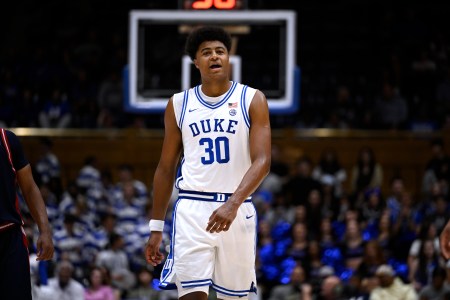 Duke's Joaquim Boumtje Boumtje strolls down the court in between plays