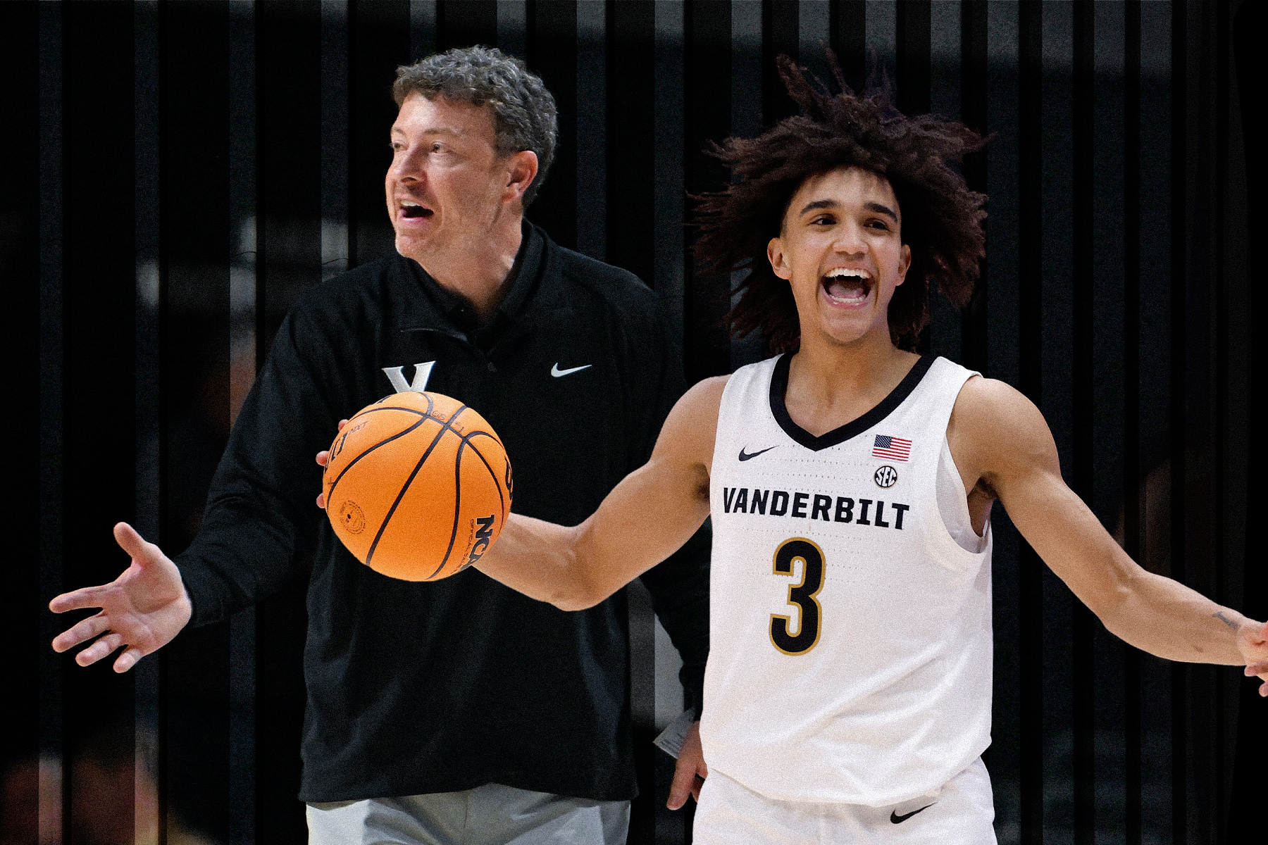 A collage featuring Vanderbilt head coach Mark Byington and point guard Tyler Tanner