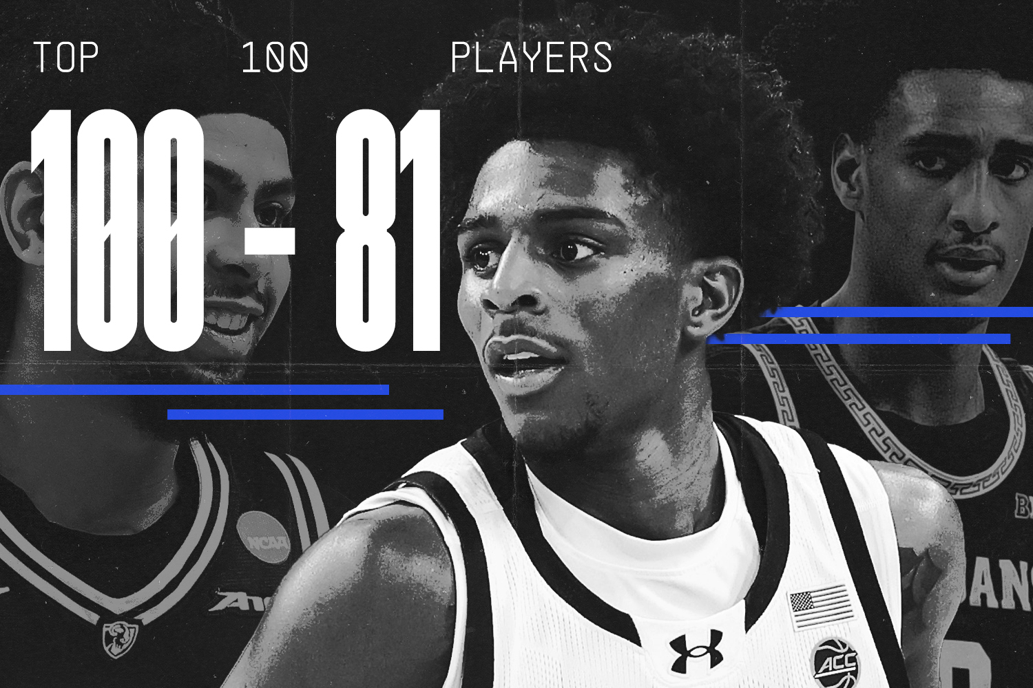 Hoops HQ ranked the top 100 players in college basketball for the 2026-27 season (From left: Terrence Hill Jr., Markus Burton, Alijah Arenas)
