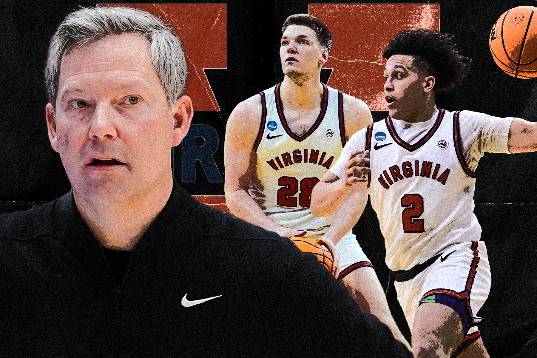 A collage featuring Virginia head coach Ryan Odom, Thijs De Ridder and Chance Mallory