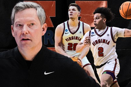 A collage featuring Virginia head coach Ryan Odom, Thijs De Ridder and Chance Mallory